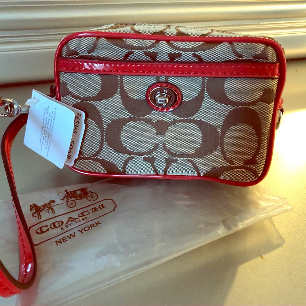 Coach Signature Canvas Wristlet in Khaki and Red Trim